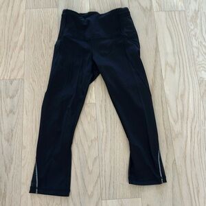 Like new Lululemon black mesh capri leggings with side pockets and mesh detail